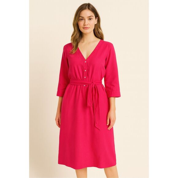 Rosso35 Linen 3/4 Sleeve Button Down 100% Linen Fuschia Pink Midi V Neck Dress - Picture 1 of 9